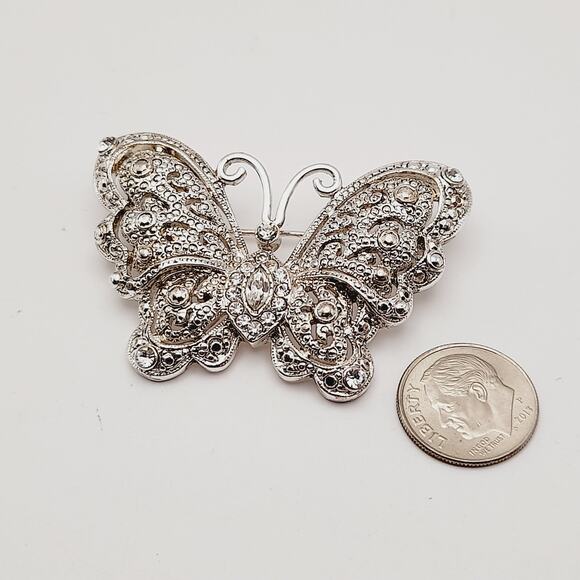 Vintage Silver Tone Clear Rhinestone Butterfly Brooch Pin - 2 1/8 Inches - Picture 6 of 10